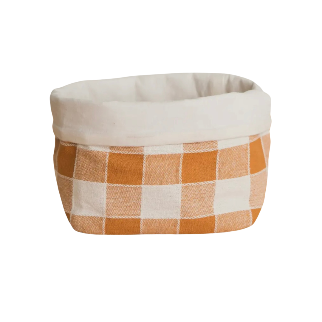 Brotkorb aus Baumwolle in Karomuster in den Farben beige und orange